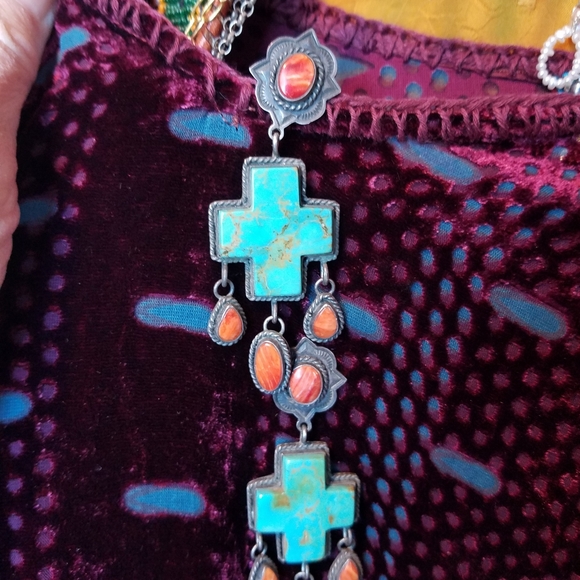 Signed Vintage American Indian Jewelry - STERLING TURQUOISE & SPINY OYSTER SIGNED EARRINGS  .. VINTAGE PAIR *